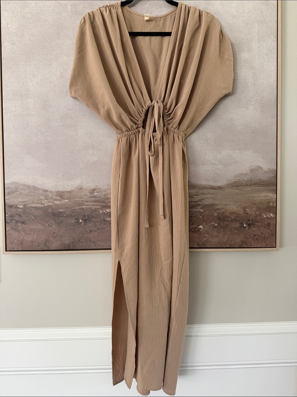 Neutral Tie-Waist circle cut out  Maxi Dress - Beige